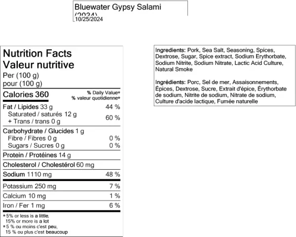 Bluewater Gypsy Salami Label